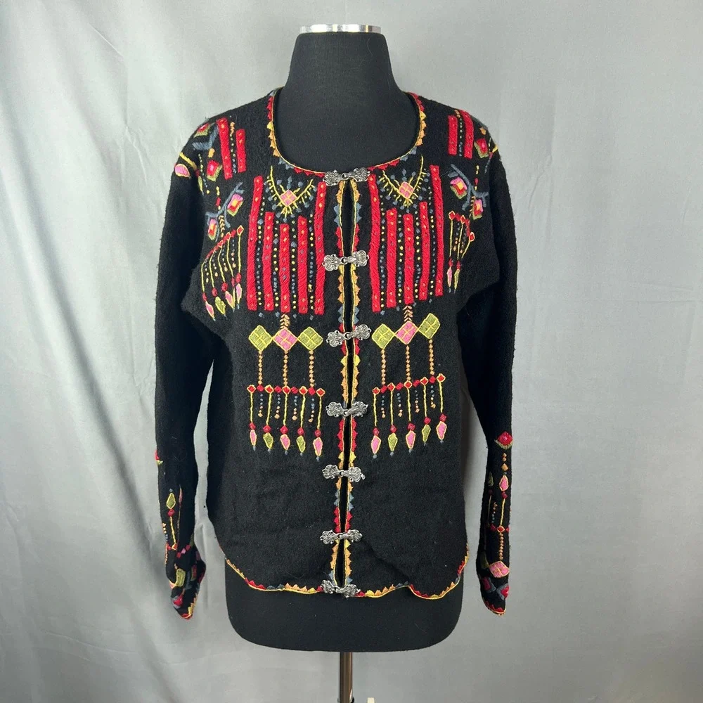 Vrikke Norwegian Cardigan Sweater Womens Black Intricate Embroidery Long Sleeve